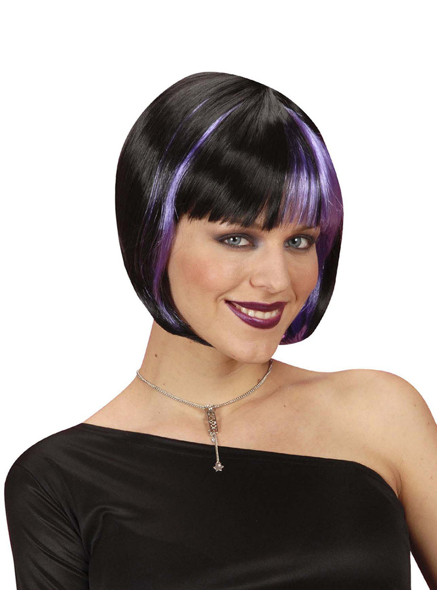 Perruque noire avec mèches violettes femme