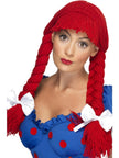 Perruque poupée de chiffon rouge avec tresses et nœud femme