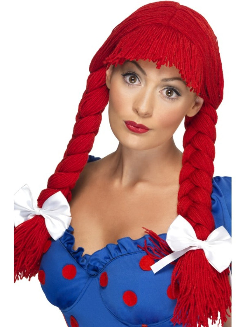 Perruque poupée de chiffon rouge avec tresses et nœud femme