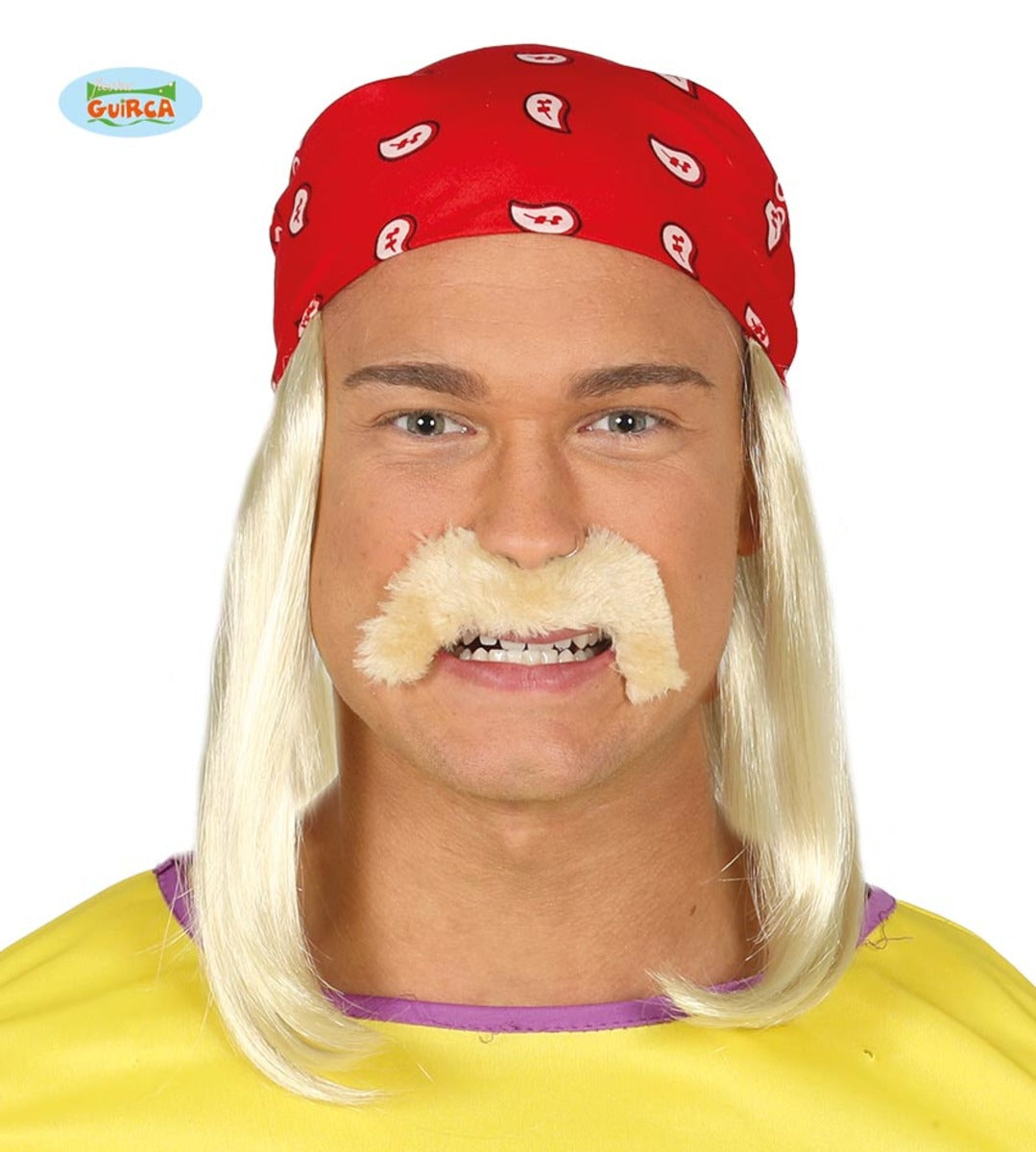 Perruque avec foulard et moustache de motard blond homme
