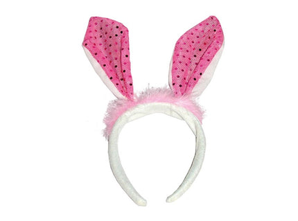 serre-tête oreilles de lapin rose à paillettes et fourrure