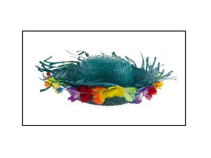 chapeau tahiti hawaï à fleurs et franges vert