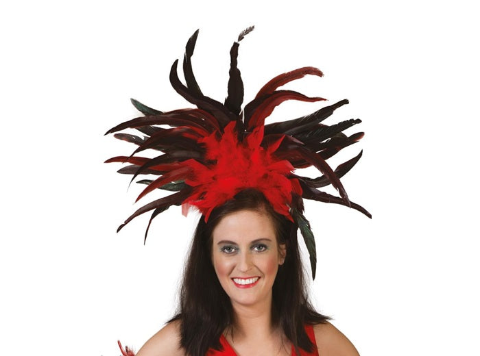 serre-tête coiffe tiare carnaval à plumes rouge noir