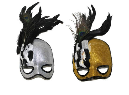 demi masque à paillettes avec plumes mix 18x17cm