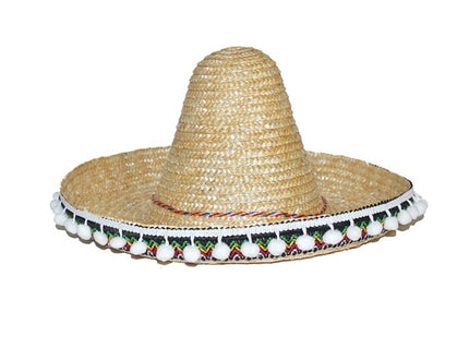 sombrero en paille nature & pompons blancs enfant 25cm