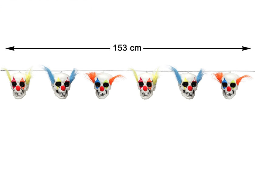 guirlande halloween avec 6 crânes de clown d'horreur 1.53m