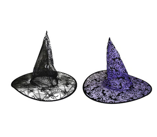 chapeau sorcière araignée noir avec motifs mauves