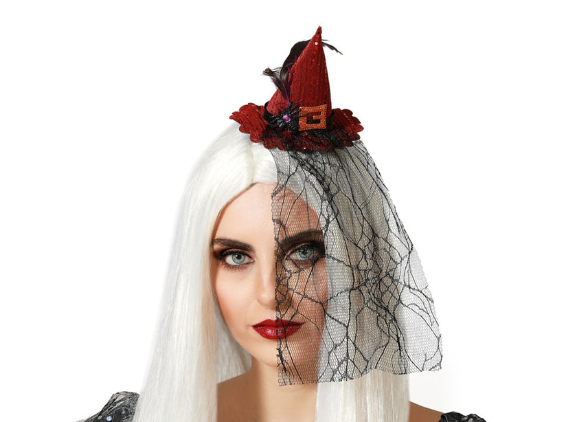 pince à cheveux halloween mini chapeau rouge avec voile