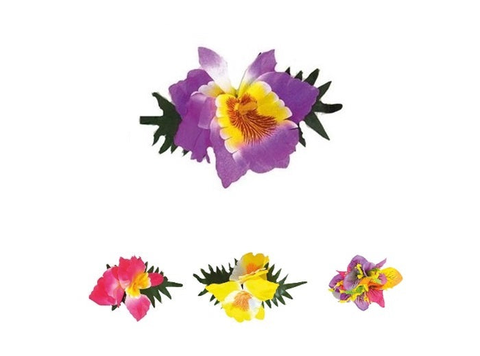clip double fleur tropicale avec feuille mix 15x8cm