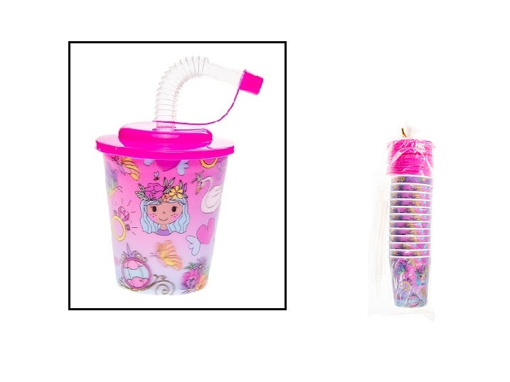 lot de 12 gobelets princesse 3d avec paille et couvercle 25cl