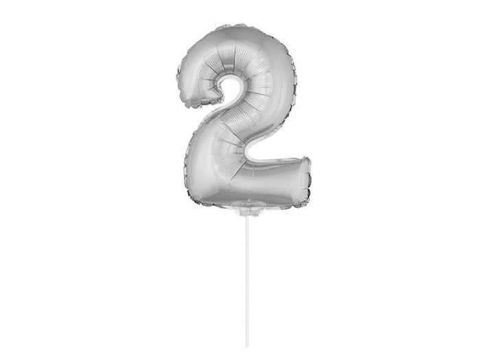 ballon chiffre 2 en aluminium avec bâton argent 40cm
