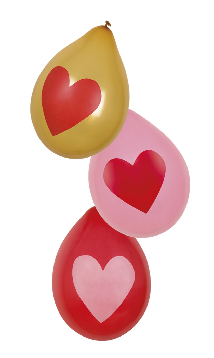 6 ballons amour avec des cœurs dorés