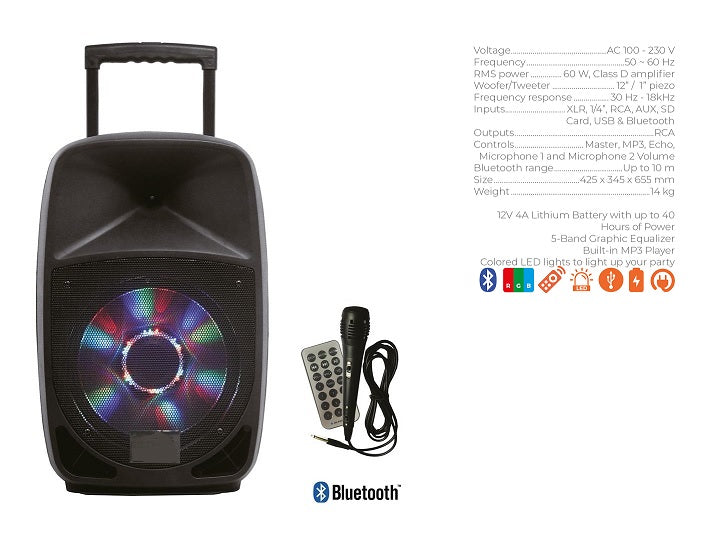 haut parleur 12'''' actif karaoké portable led et batterie 60w