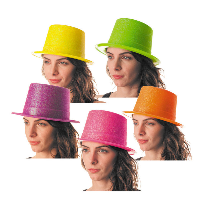 HAUT DE FORME PLASTIQUE PAILLETE FLUO 5 COULEURS ASS.