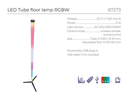 lampe tube led rgbw usb sur pieds 5w 1.03m