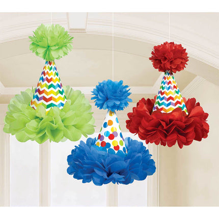 3 cônes avec pompon suspendues pois colorés