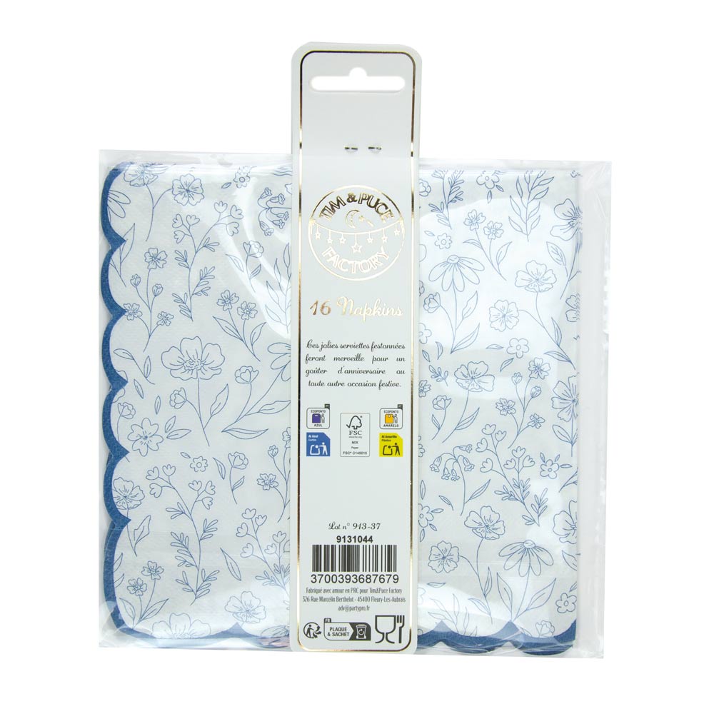 SERVIETTES FESTONNEES 33X33CM FLEUR BLEUE X 16