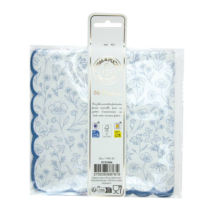 SERVIETTES FESTONNEES 33X33CM FLEUR BLEUE X 16