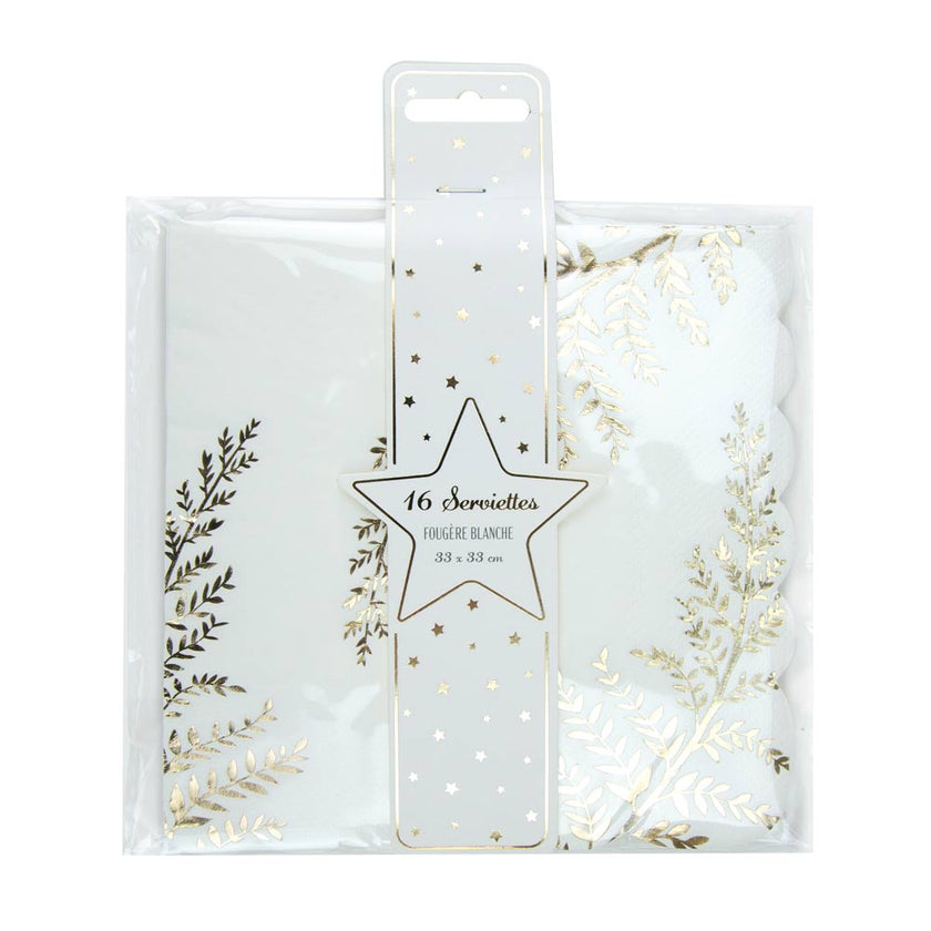 SERVIETTES FESTONNEES 33X33CM FOUGERE WHITE X 16