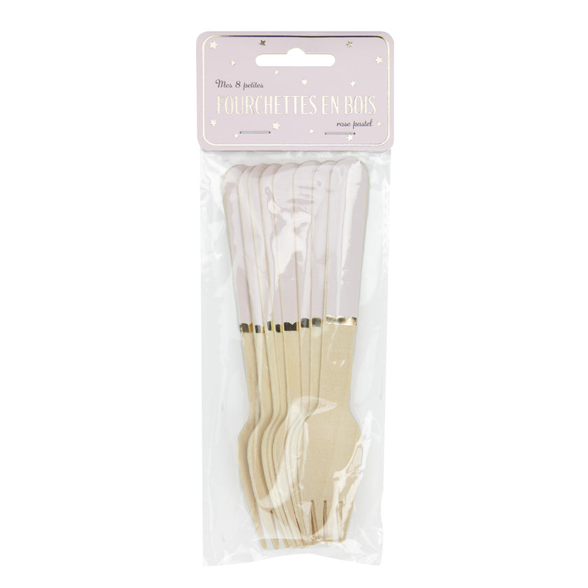 PETITES FOURCHETTES EN BOIS ROSE PASTEL X 8