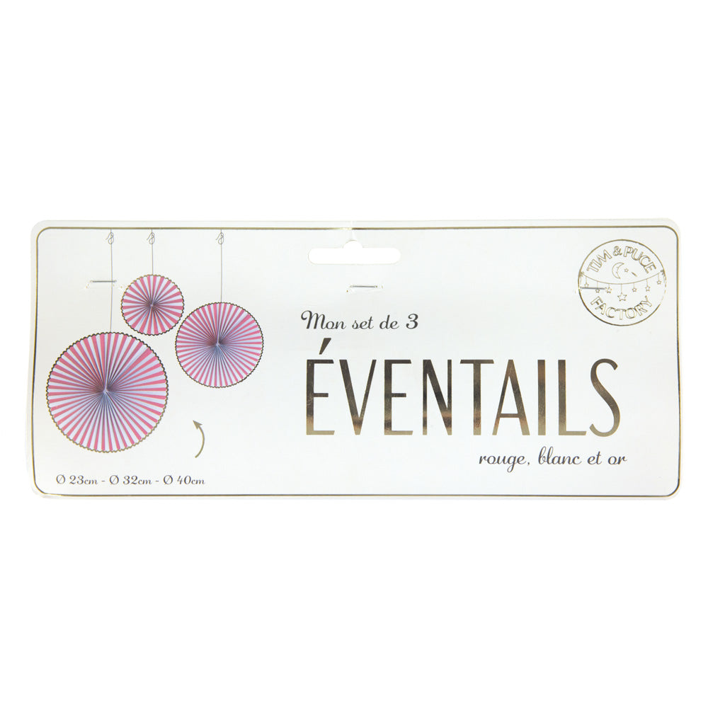 SET DE 3 EVENTAILS ROUGE ET BLANC ET OR