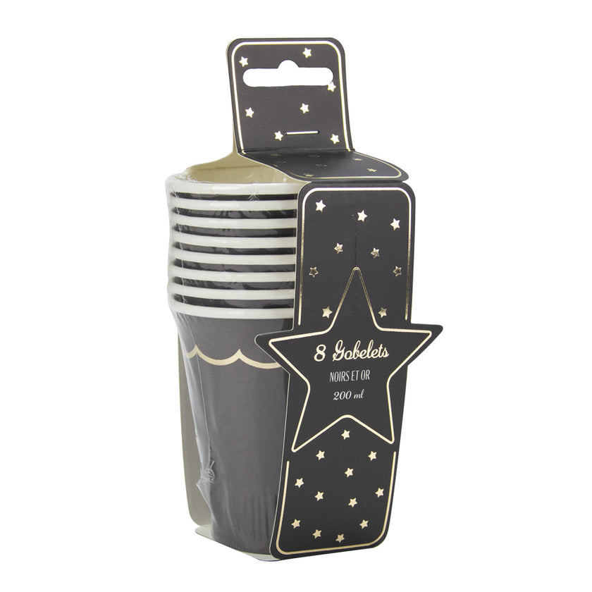 GOBELETS FESTONNES 200ML NOIRS ET OR X 8