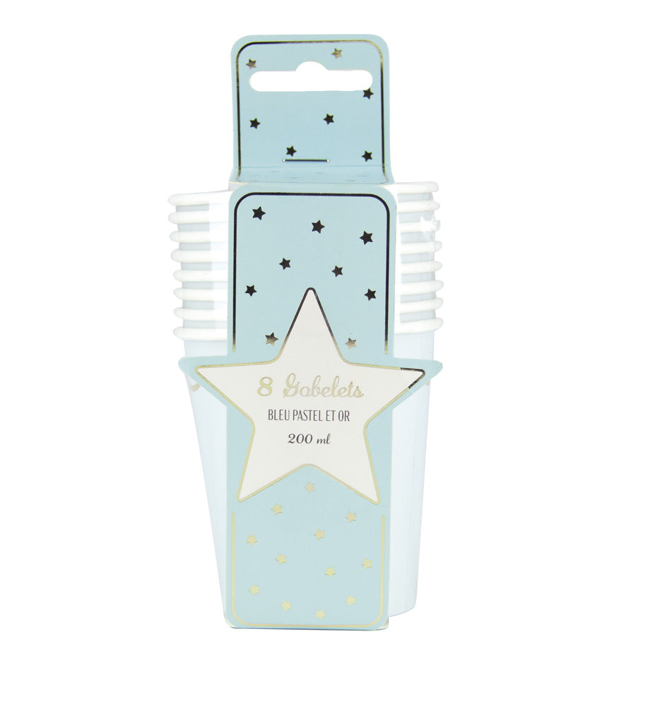 GOBELETS FESTONNES 200ML BLEU PASTEL ET OR X 8