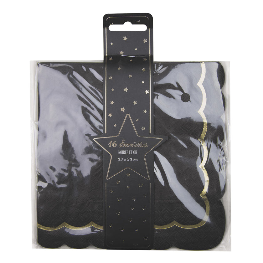SERVIETTES FESTONNEES 33X33CM NOIRES ET OR X 16