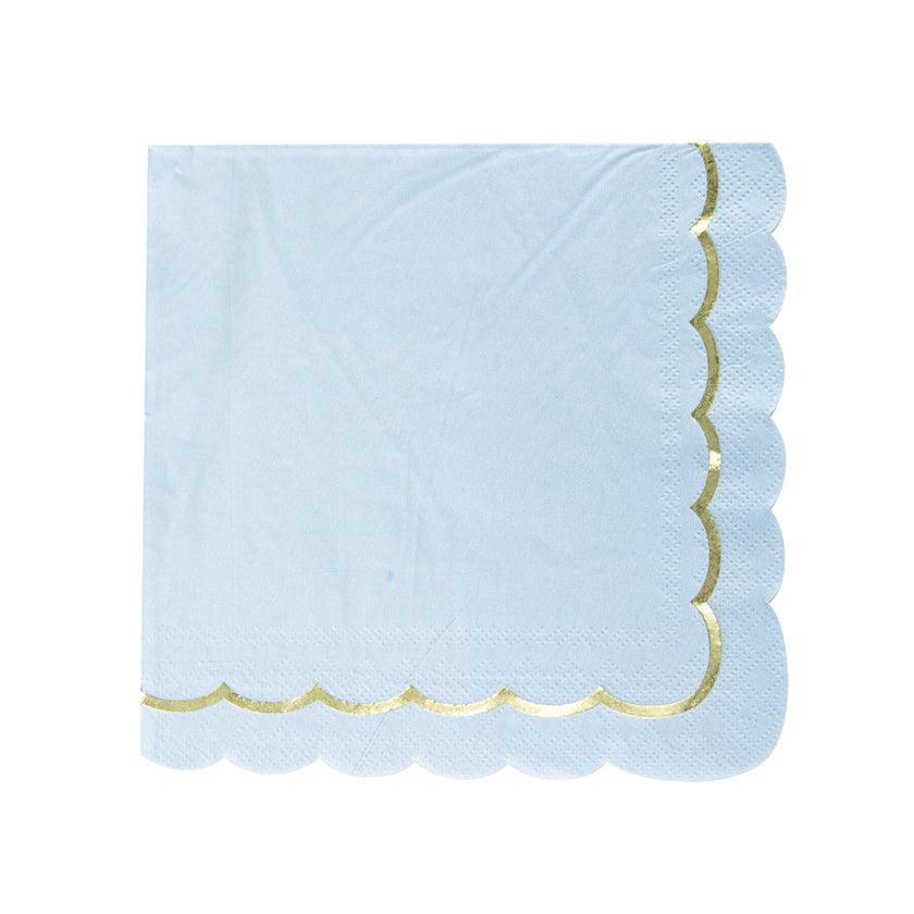 SERVIETTES FESTONNEES 33X33CM BLEU PASTEL ET OR X 16