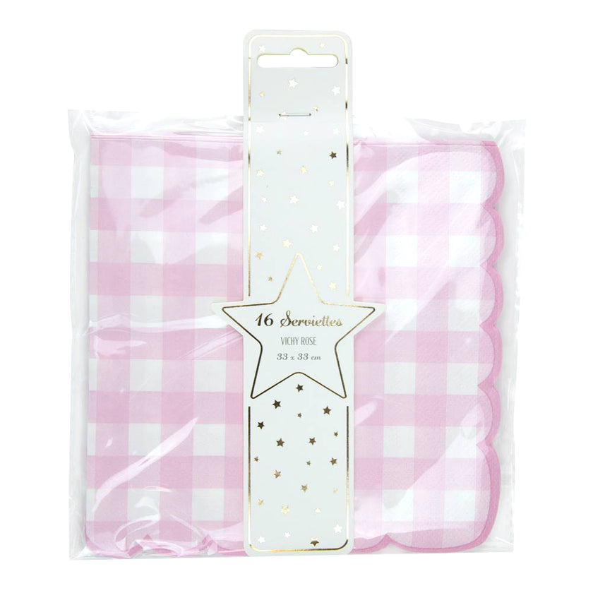 SERVIETTES FESTONNEES 33X33CM VICHY ROSE X 16