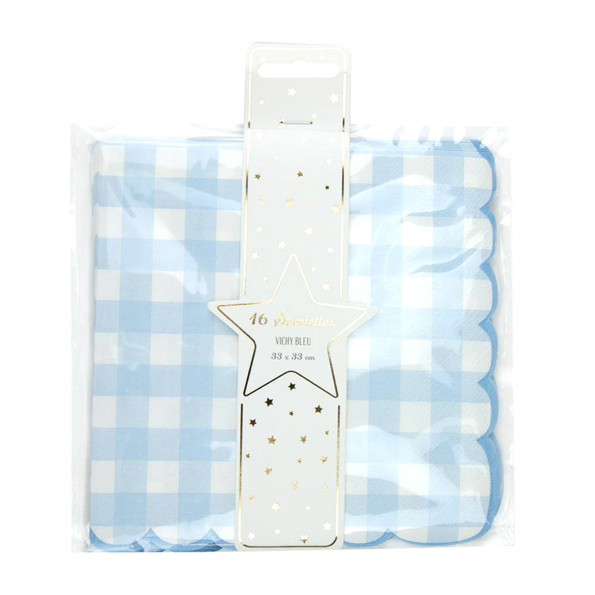 SERVIETTES FESTONNEES 33X33CM VICHY BLEU X 16