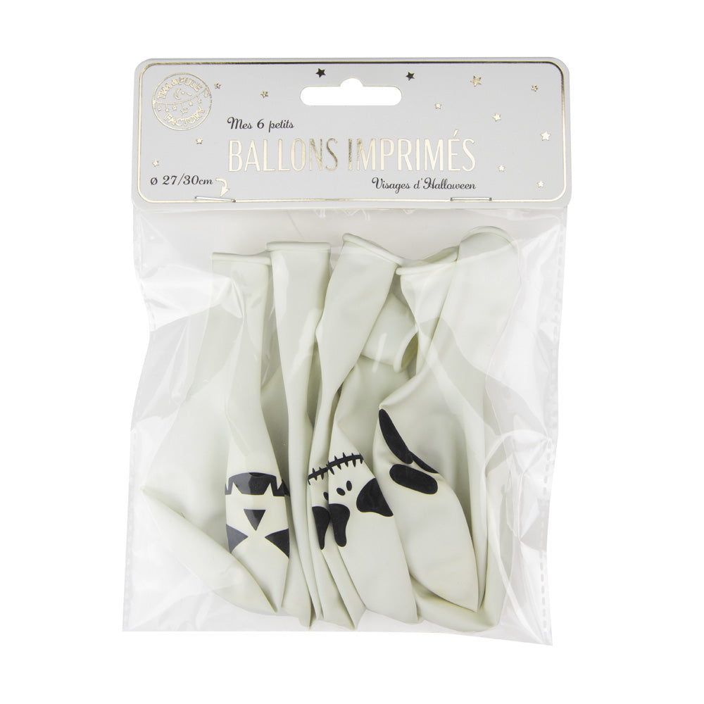 BALLONS DE BAUDRUCHE BLANCS VISAGES D HALLOWEEN X 6