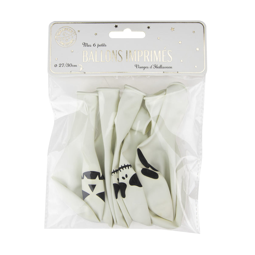 BALLONS DE BAUDRUCHE BLANCS VISAGES D HALLOWEEN X 6