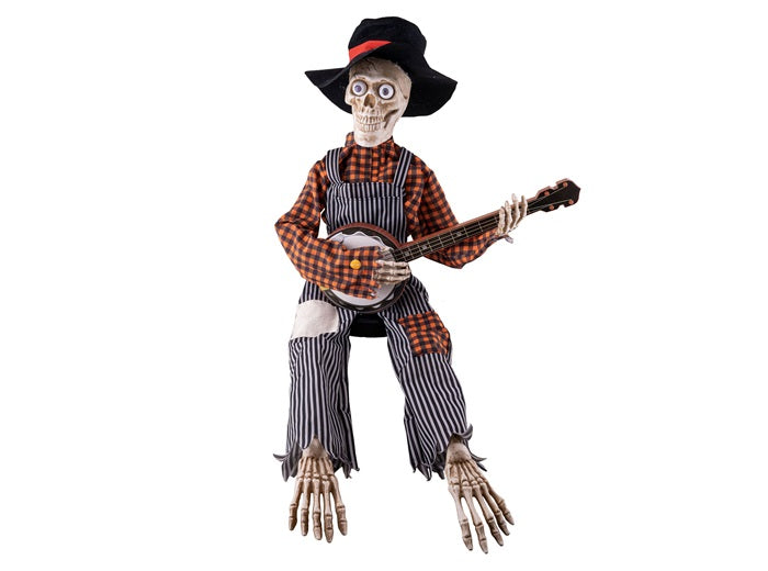 squelette assis avec banjo motorisé sonore et lumineux 98cm