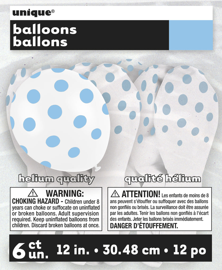 6 ballons blancs à pois bleus