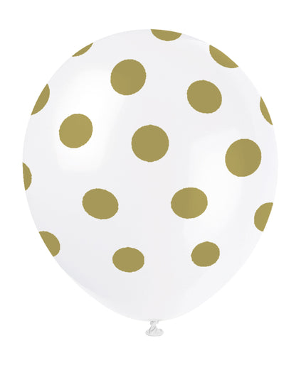6 ballons blancs à pois dorés