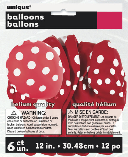 6 ballons rouges à pois blancs