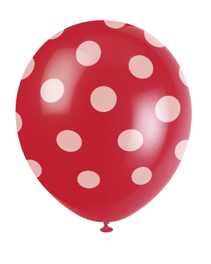 6 ballons rouges à pois blancs