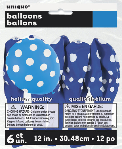 6 ballons bleu foncé à pois blancs