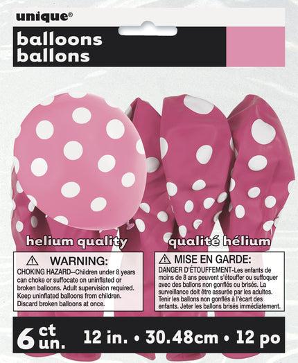 6 ballons roses à pois blancs