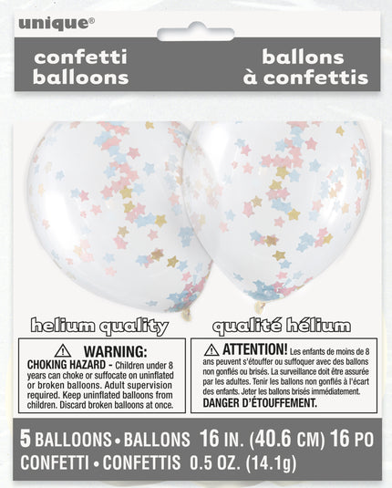 5 ballons transparents avec confettis en étoiles roses, bleues et dorées