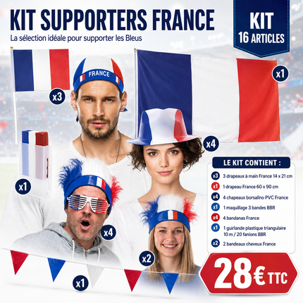 Kit supporters France 16 articles avec drapeaux, chapeaux, bandanas, maquillage, bandeaux cheveux et guirlande bleu blanc rouge