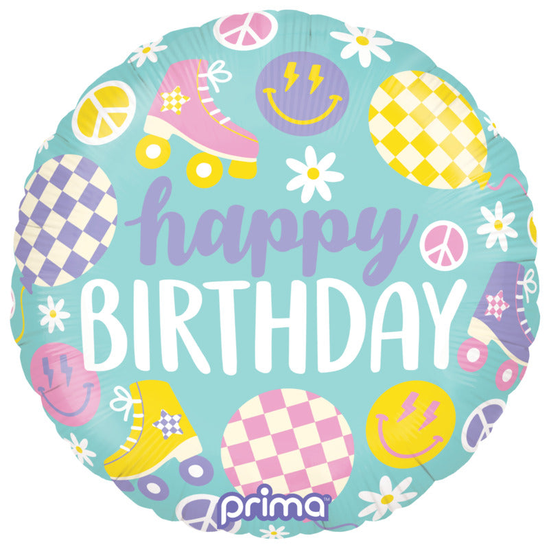 1 Ballon Aluminium Round Happy Birthday Retro Skates 18