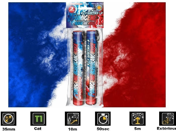 1x lot de 2 fumigènes à goupille bleu blanc rouge t1 50s