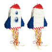 Piñata fusée blanche, rouge et bleue vue de face et de dos