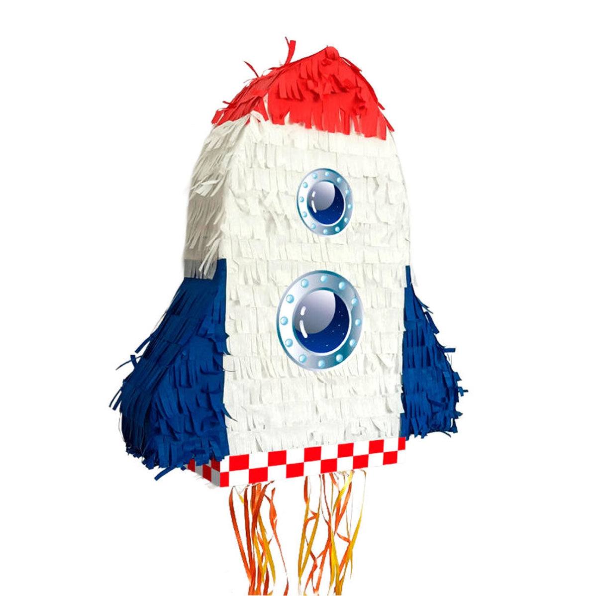 Piñata fusée blanche, rouge et bleue avec hublots
