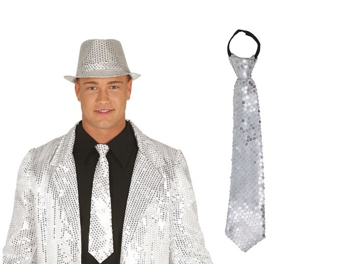 cravate sequins argent 46cm