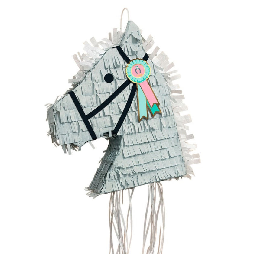 Pinata tête de cheval gris avec rubans à tirer