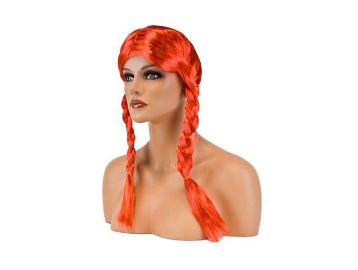 perruque cheveux longs avec couettes fluo orange